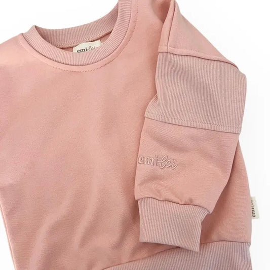 Crewneck Ribbed Block Sweatshirt & Flare Set | Blush