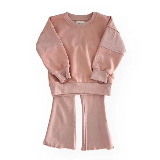 Crewneck Ribbed Block Sweatshirt & Flare Set | Blush
